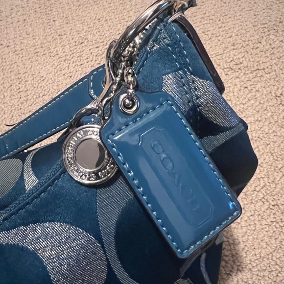 COACH F20428 Signature Handbag Teal Green Silver Jacquard Women Vintage - Picture 12 of 12